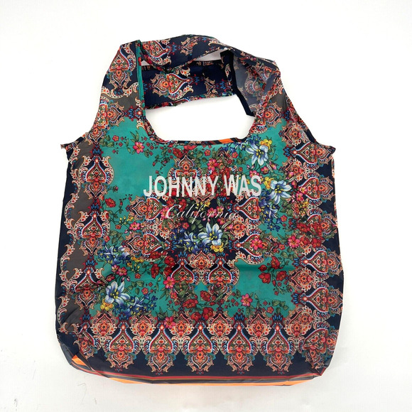 Johnny Was Reusable Bag Floral Paisley Dark Green Red Foldable Packable - Picture 1 of 7